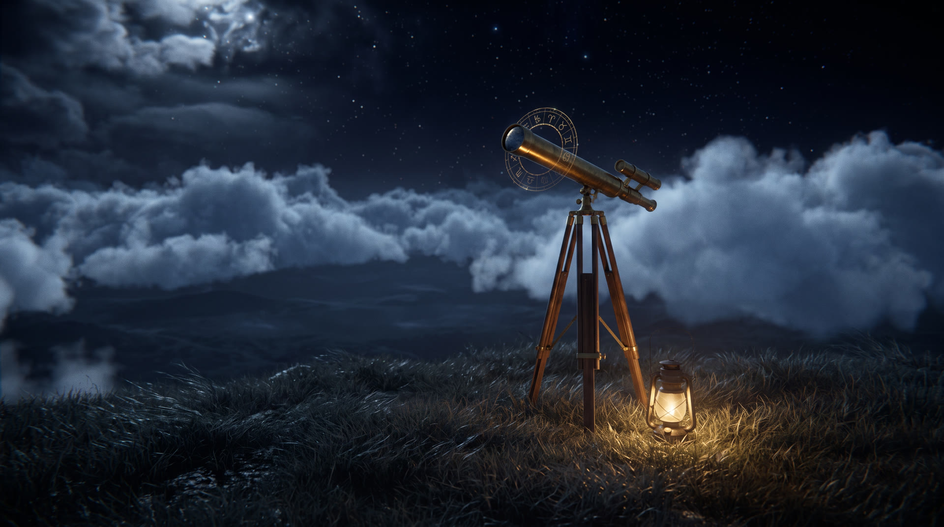 A brass telescope and lantern on a night hilltop