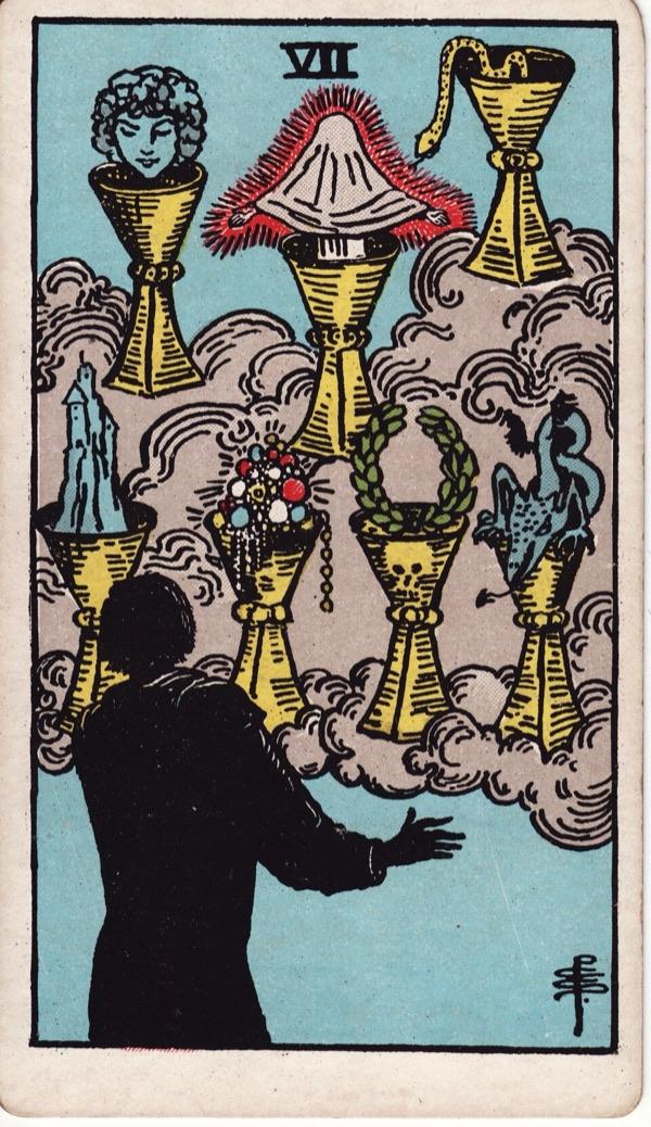 Seven of Cups, from the 1909 Rider-Waite-Smith deck