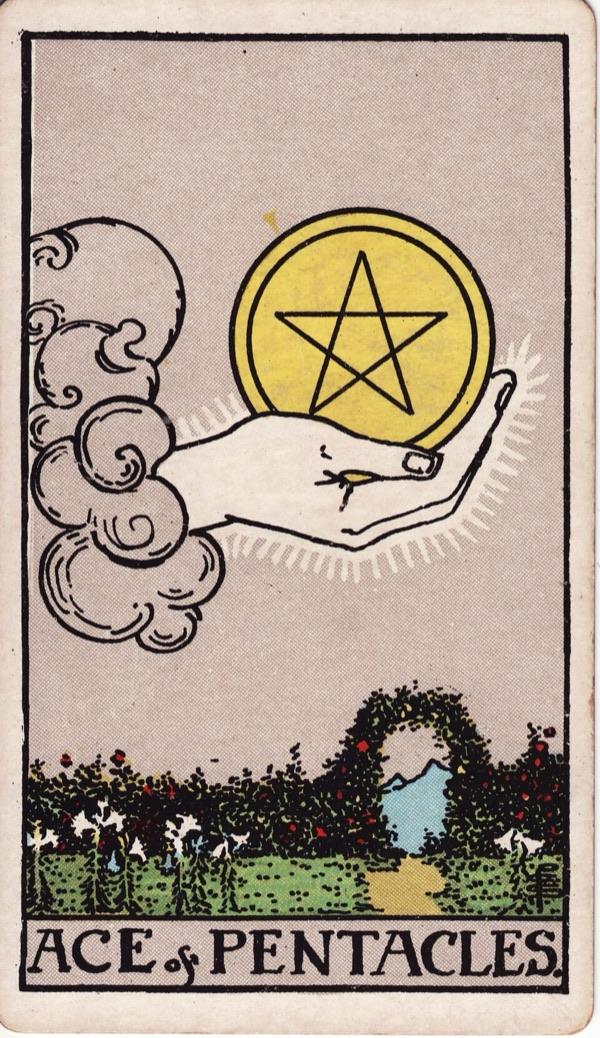 Ace of Pentacles, from the 1909 Rider-Waite-Smith deck
