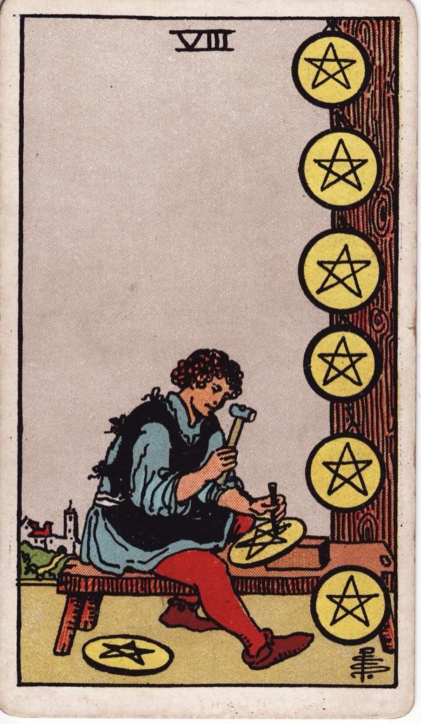 Eight of Pentacles, from the 1909 Rider-Waite-Smith deck