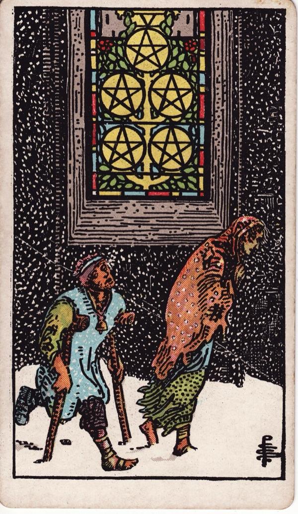 Five of Pentacles, from the 1909 Rider-Waite-Smith deck