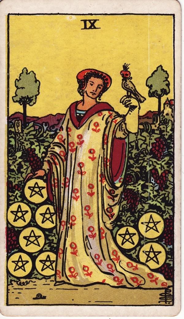Nine of Pentacles, from the 1909 Rider-Waite-Smith deck
