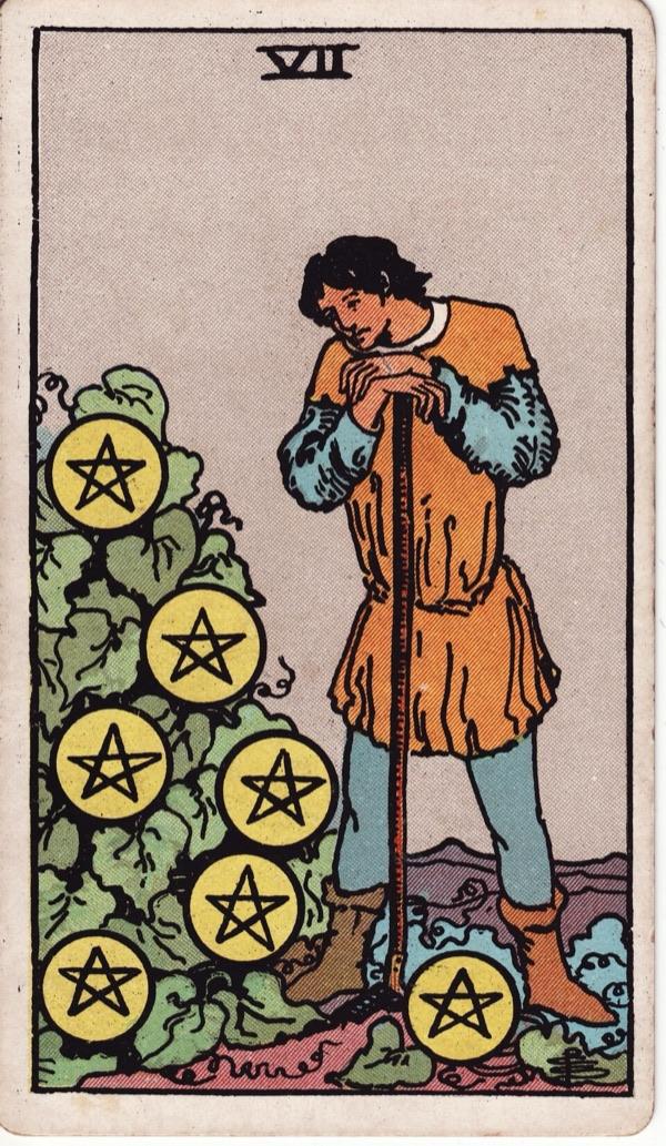 Seven of Pentacles, from the 1909 Rider-Waite-Smith deck