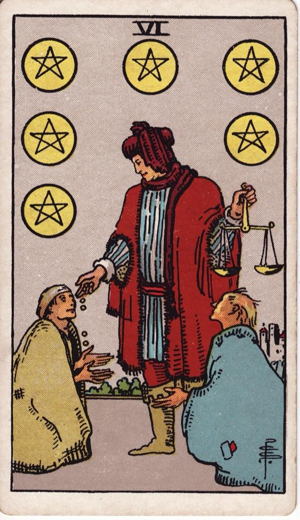 Six of Pentacles, from the 1909 Rider-Waite-Smith deck