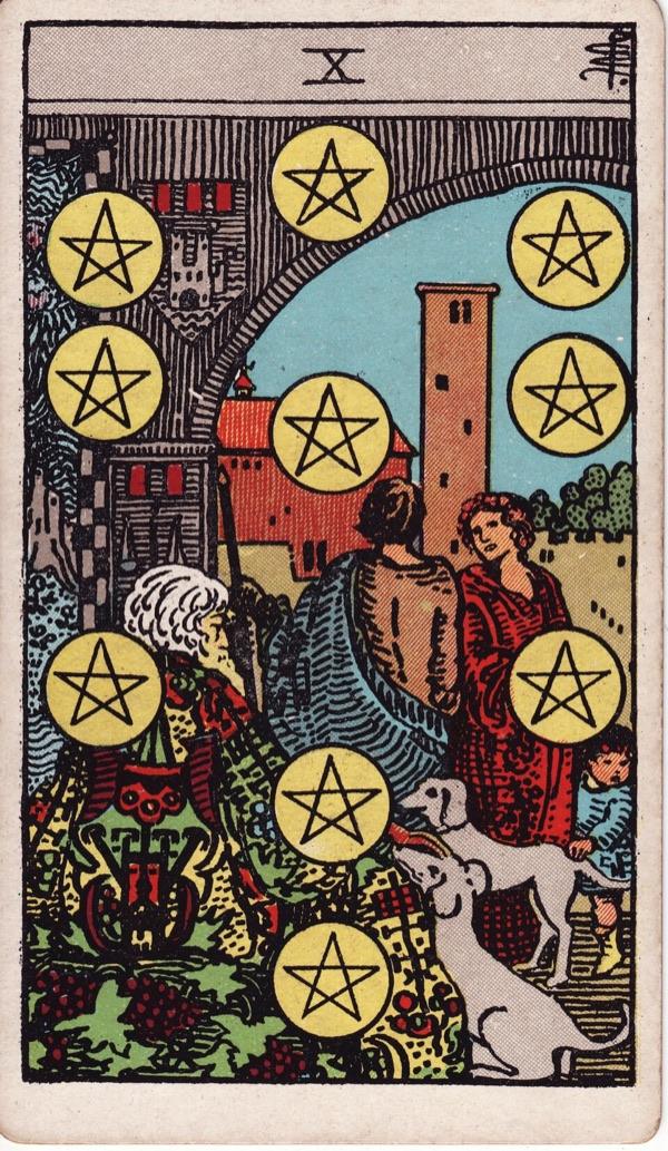 Ten of Pentacles, from the 1909 Rider-Waite-Smith deck