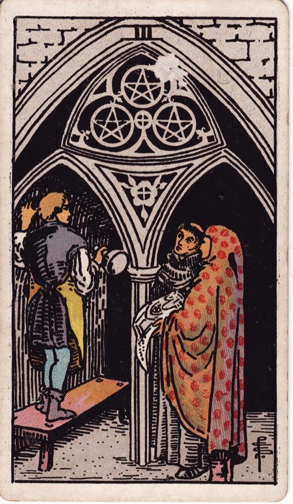 Three of Pentacles, from the 1909 Rider-Waite-Smith deck