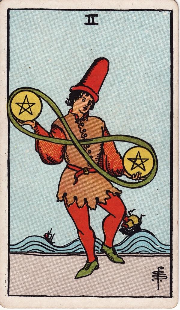 Two of Pentacles, from the 1909 Rider-Waite-Smith deck