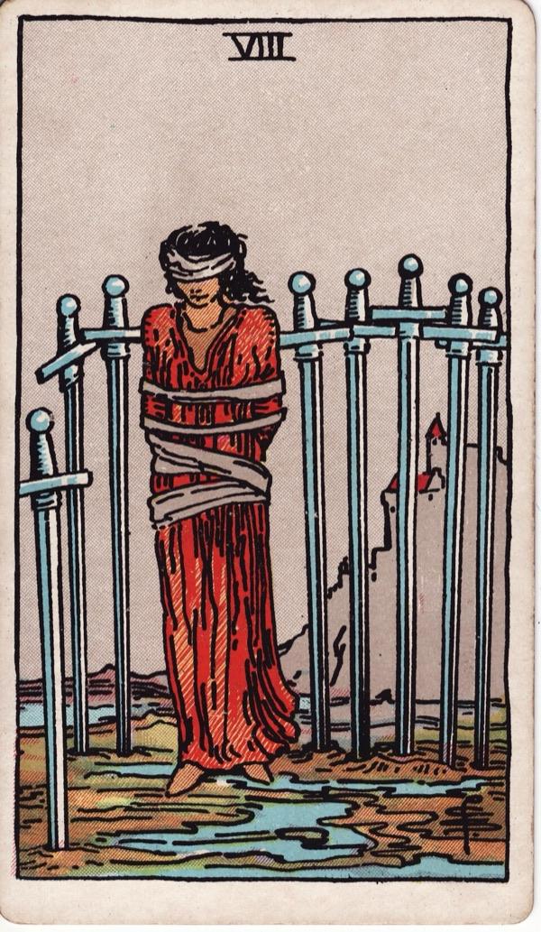 Eight of Swords, from the 1909 Rider-Waite-Smith deck