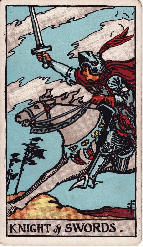 Knight of Swords, from the 1909 Rider-Waite-Smith deck