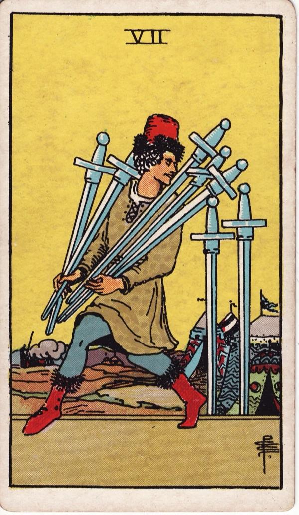 Seven of Swords, from the 1909 Rider-Waite-Smith deck