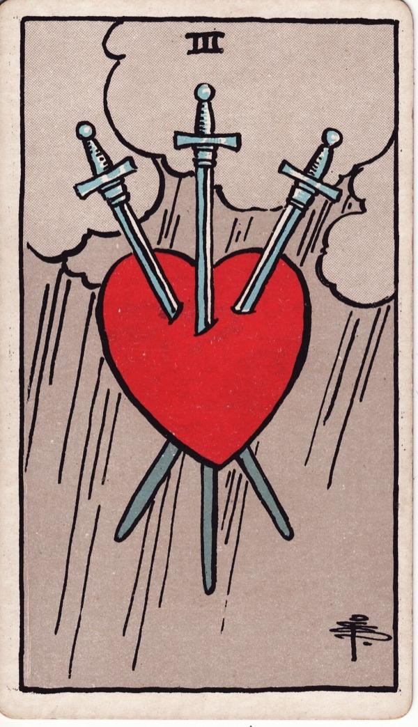Three of Swords, from the 1909 Rider-Waite-Smith deck