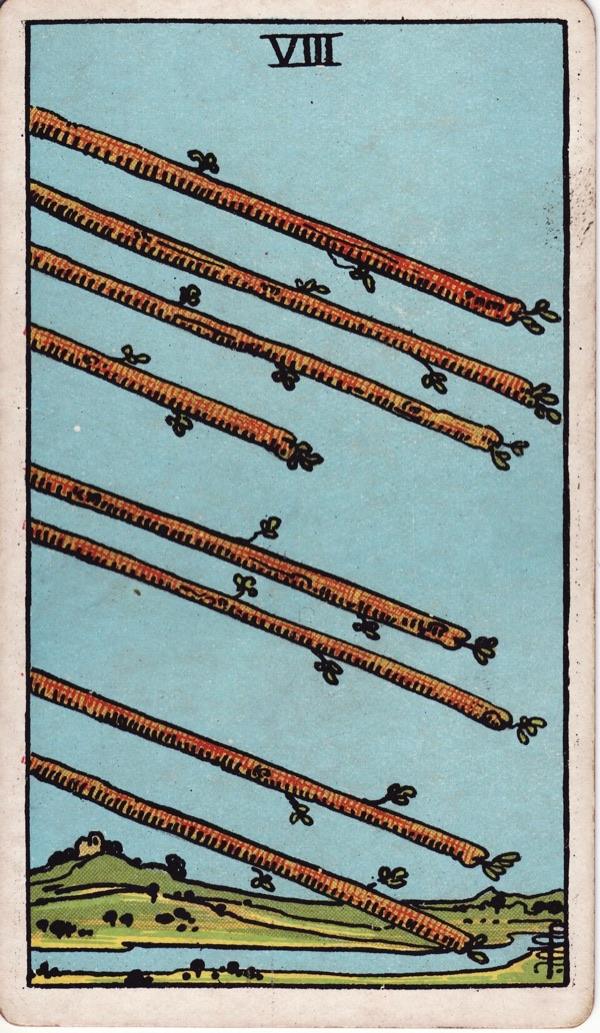 Eight of Wands, from the 1909 Rider-Waite-Smith deck