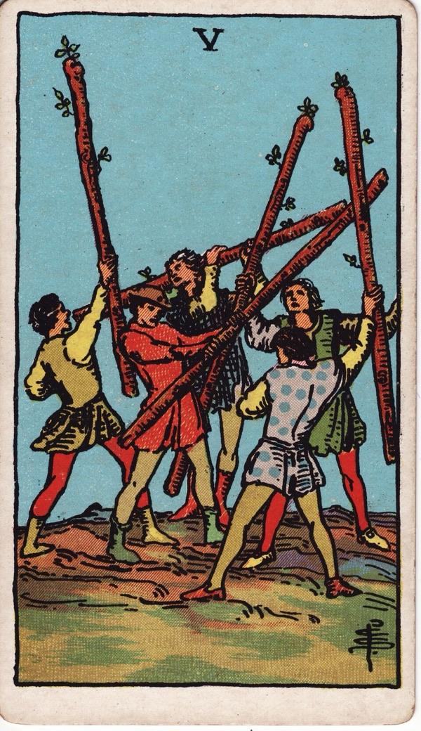 Five of Wands, from the 1909 Rider-Waite-Smith deck