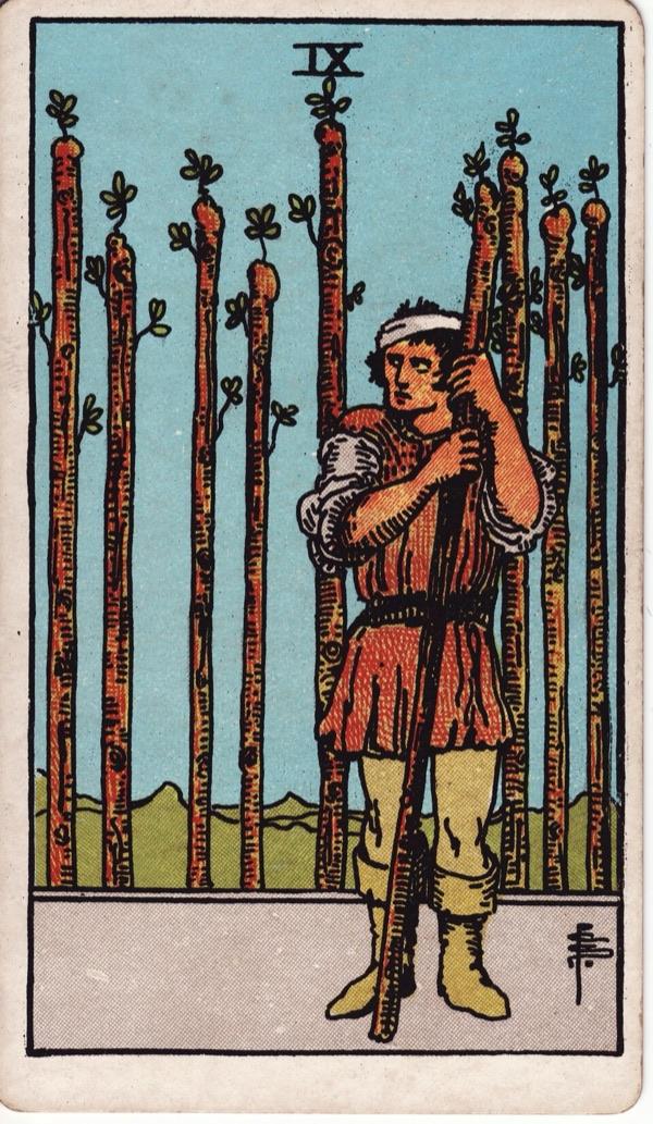 Nine of Wands, from the 1909 Rider-Waite-Smith deck