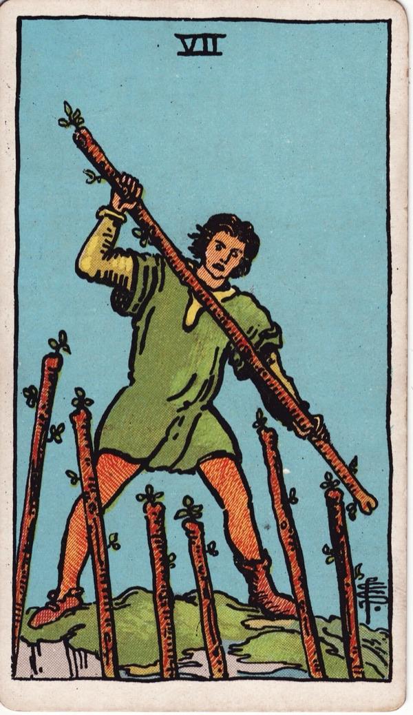Seven of Wands, from the 1909 Rider-Waite-Smith deck