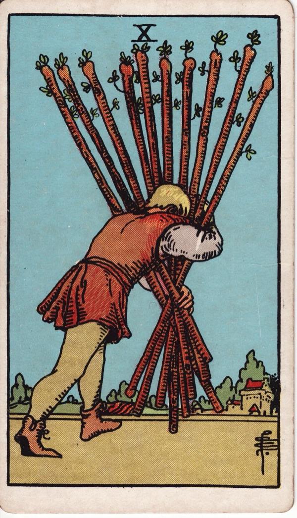 Ten of Wands, from the 1909 Rider-Waite-Smith deck