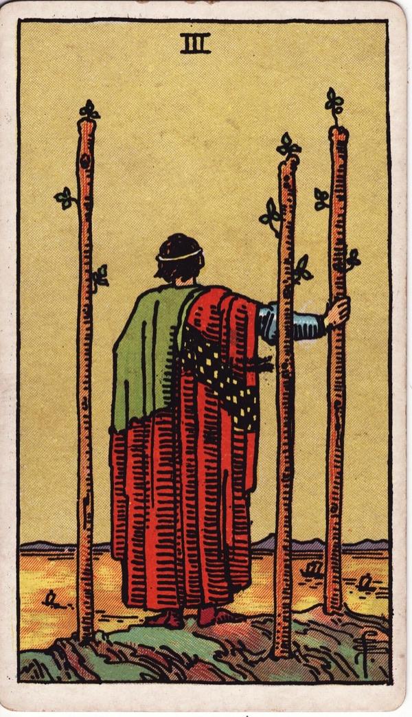 Three of Wands, from the 1909 Rider-Waite-Smith deck
