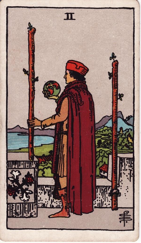 Two of Wands, from the 1909 Rider-Waite-Smith deck